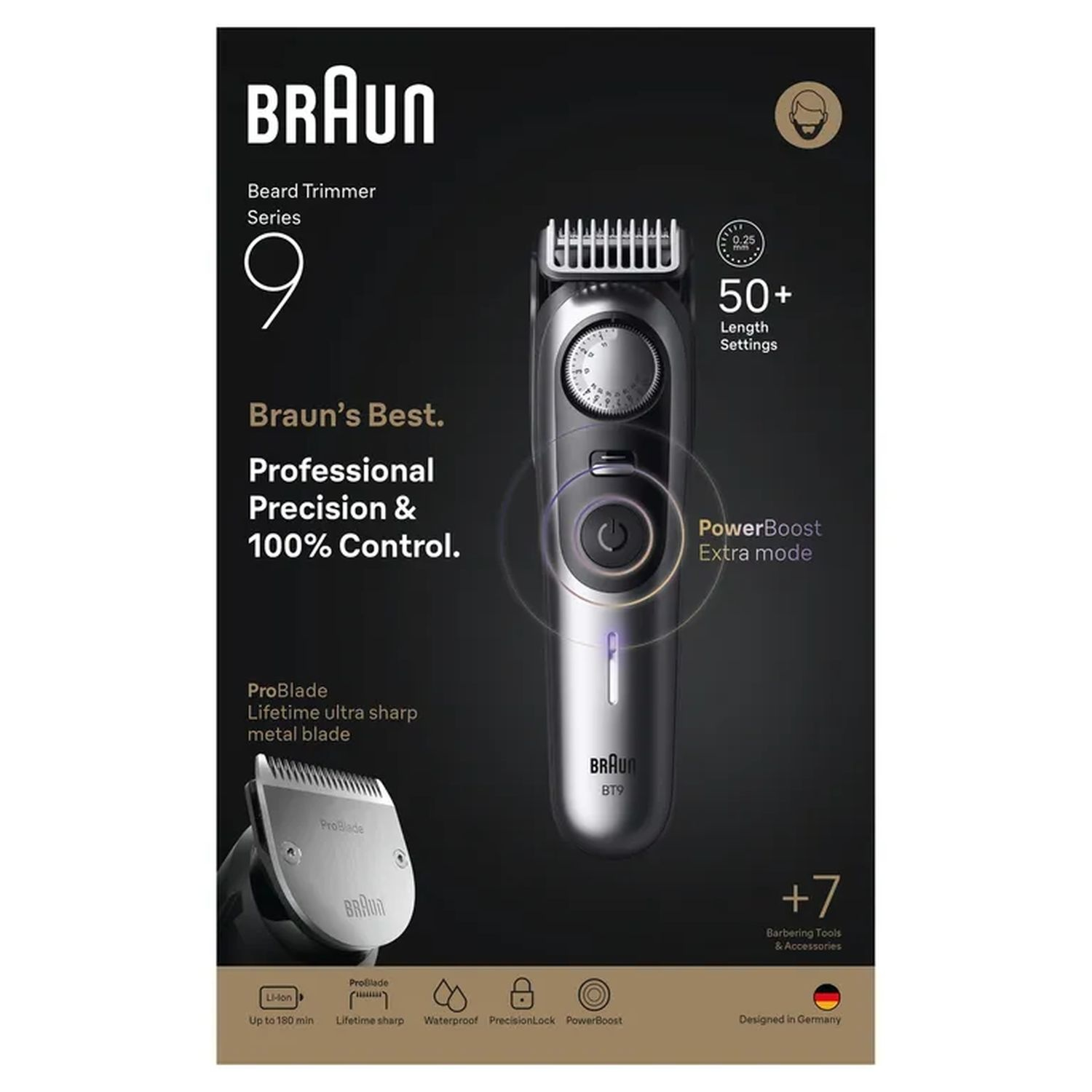 Braun Series 9 beard trimmer. It has a power button, length settings, and the Braun logo.