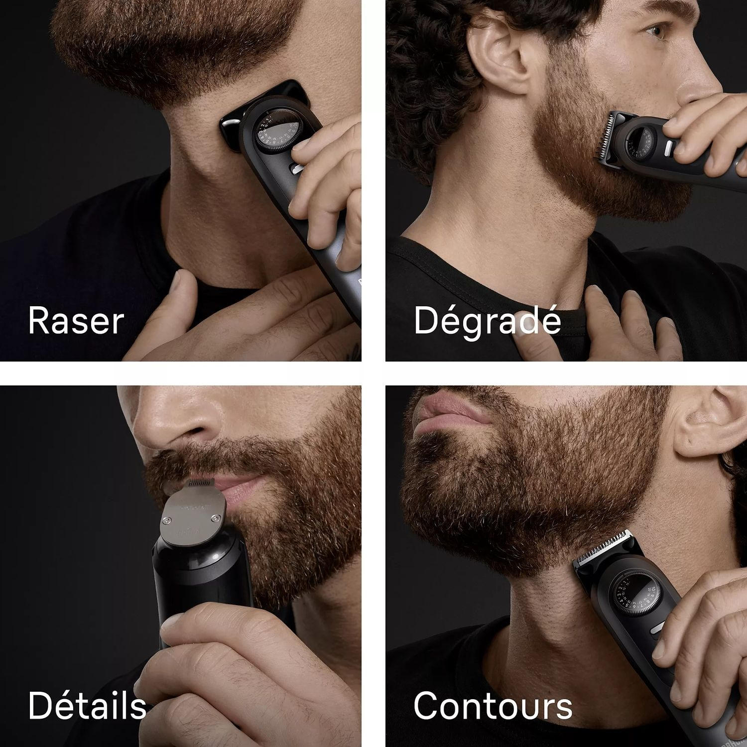 Quatre images montrant l'utilisation du rasoir Braun sur le visage d'un homme, avec des étiquettes de texte.