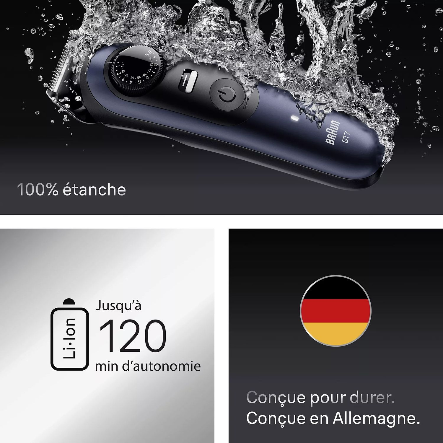 Rasoir électrique dans l'eau, et texte sur l'autonomie de la batterie et le design allemand.
