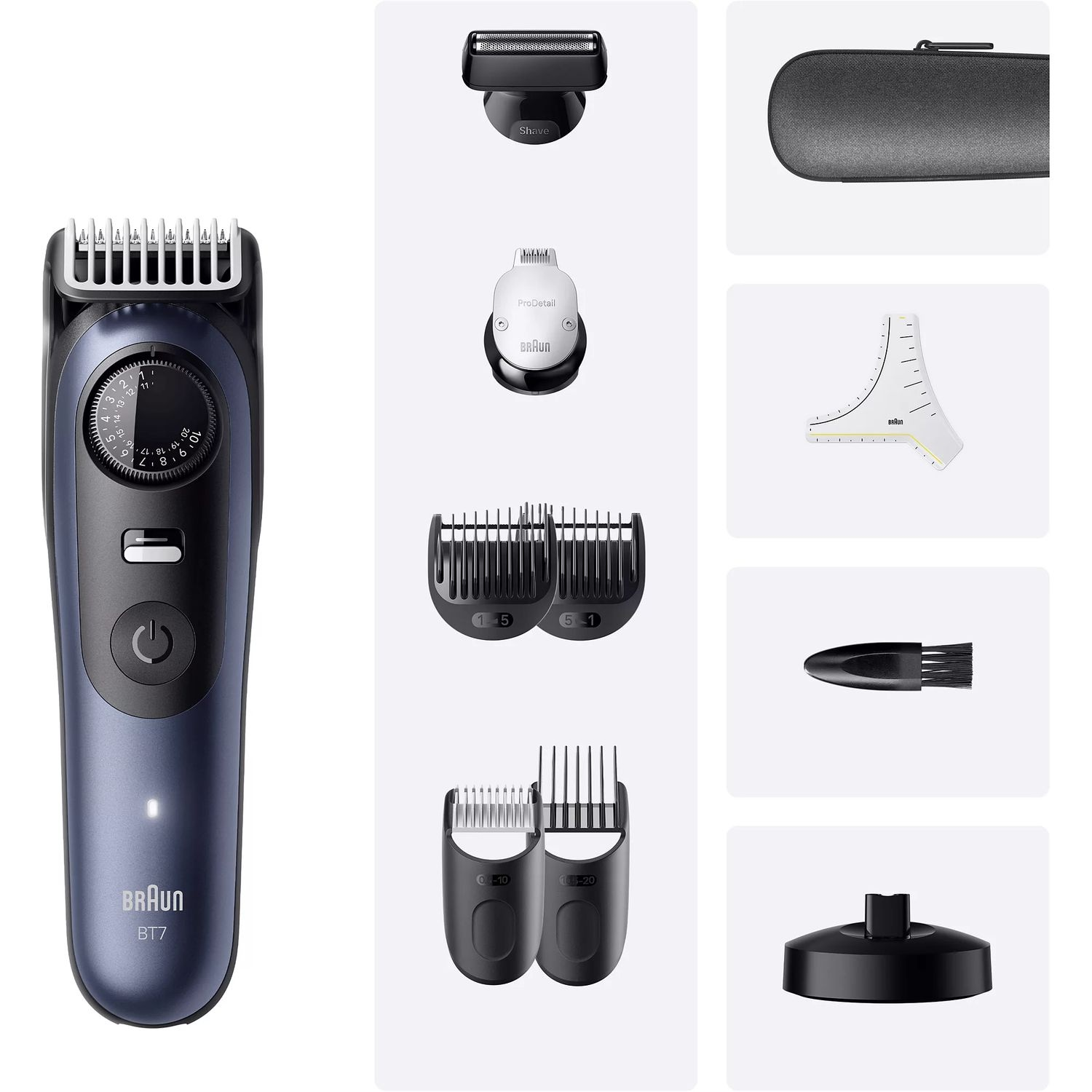 Braun BT7 beard trimmer and its accessories. Includes different combs, blades, and a charging stand.