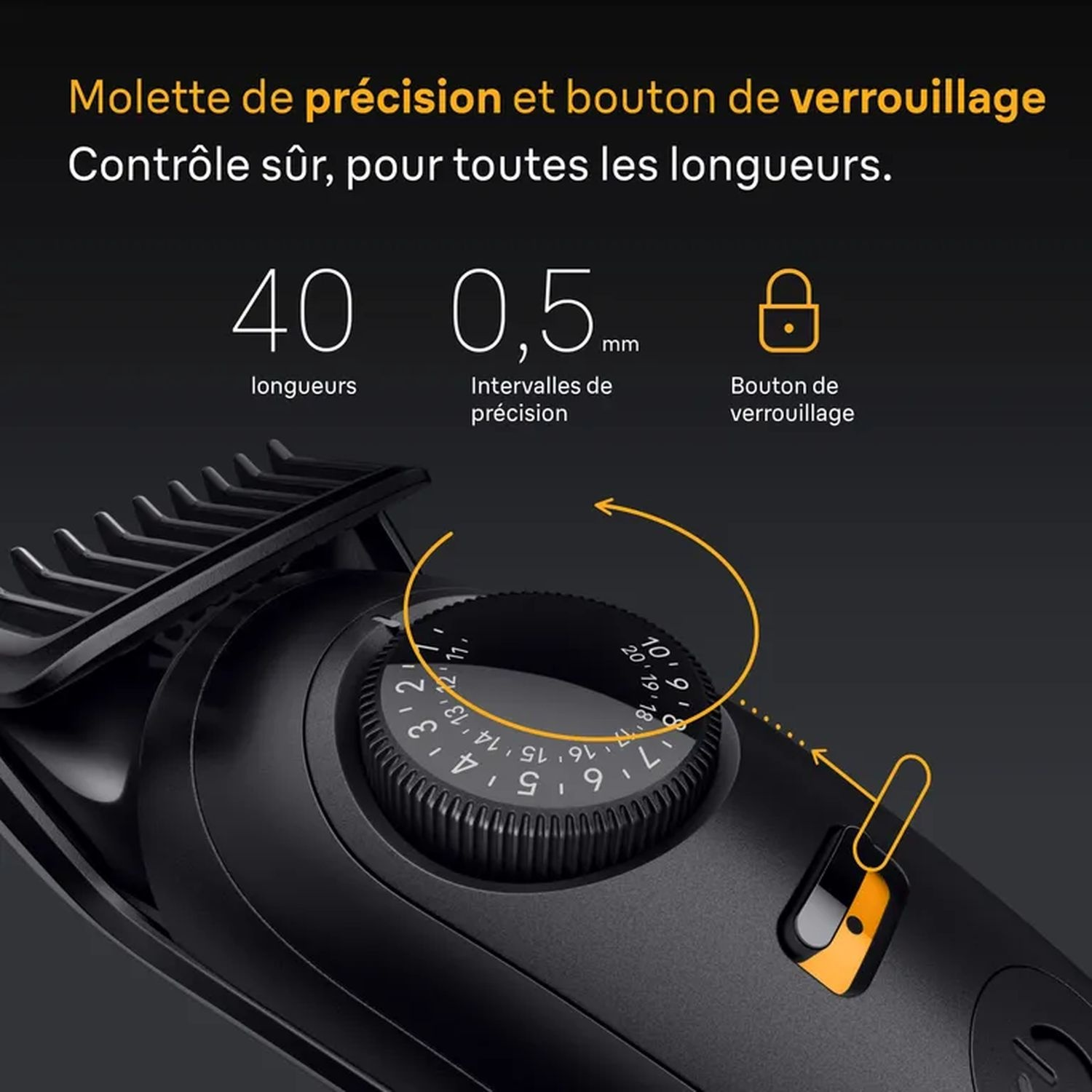 Gros plan d'une tondeuse noire avec molette de précision.