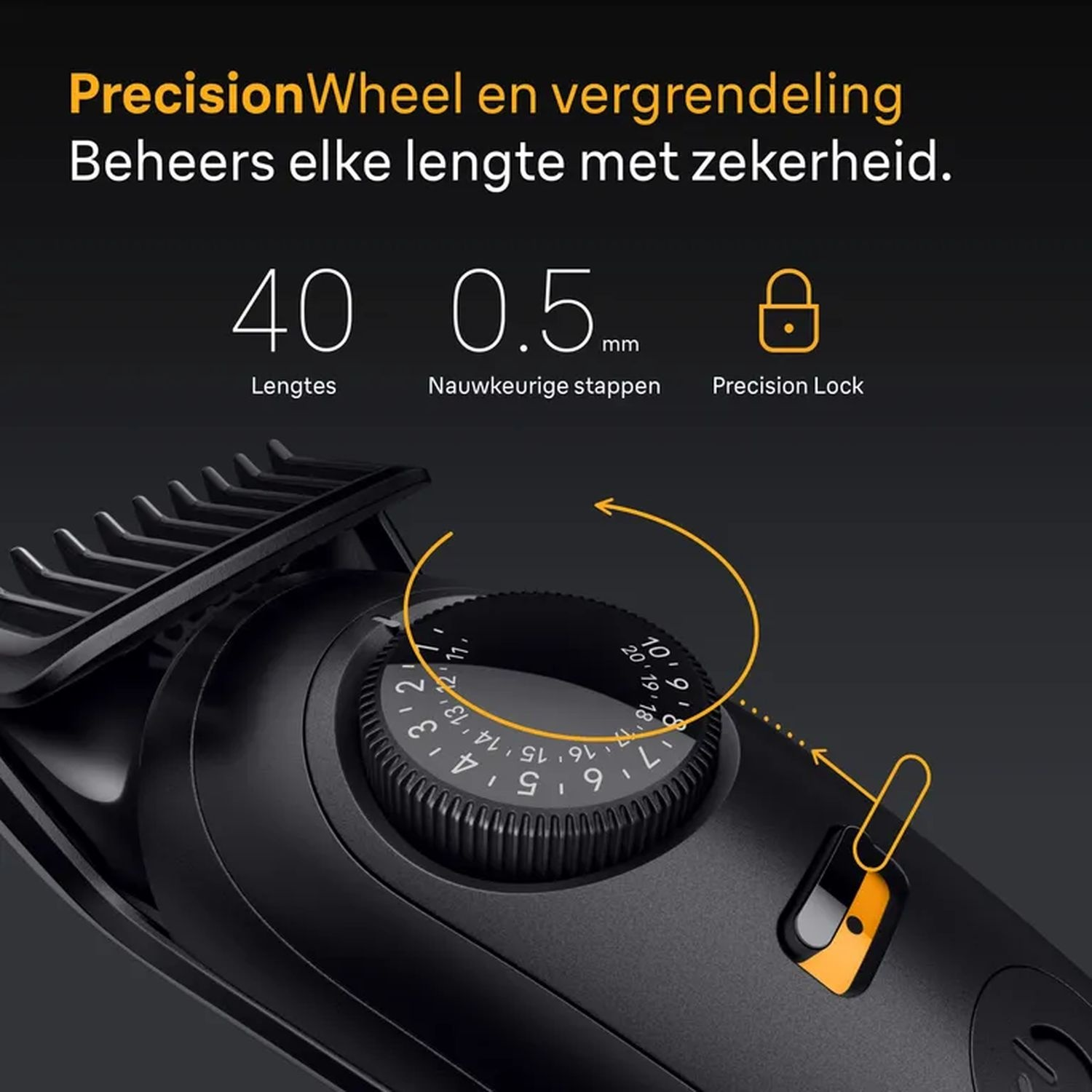 Close-up of trimmer's dial, with numbers. Text: PrecisionWheel and locking, control every length with certainty.