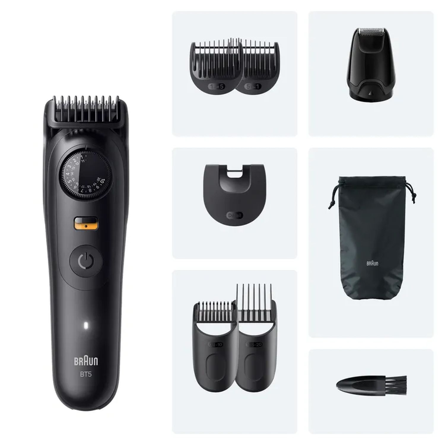 A black Braun BT5 beard trimmer and accessories laid out, including combs and a pouch.