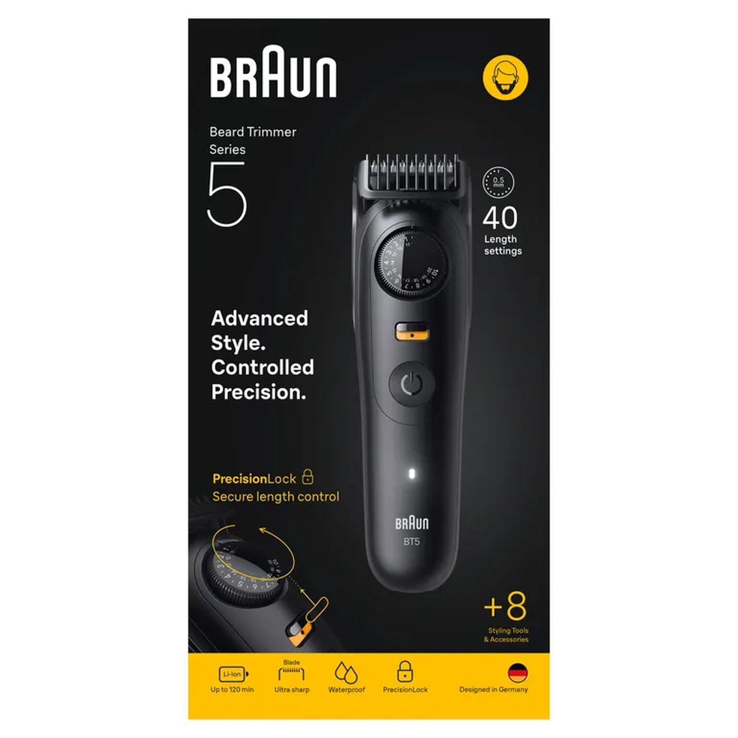 A Braun Series 5 beard trimmer with settings and styling tools.