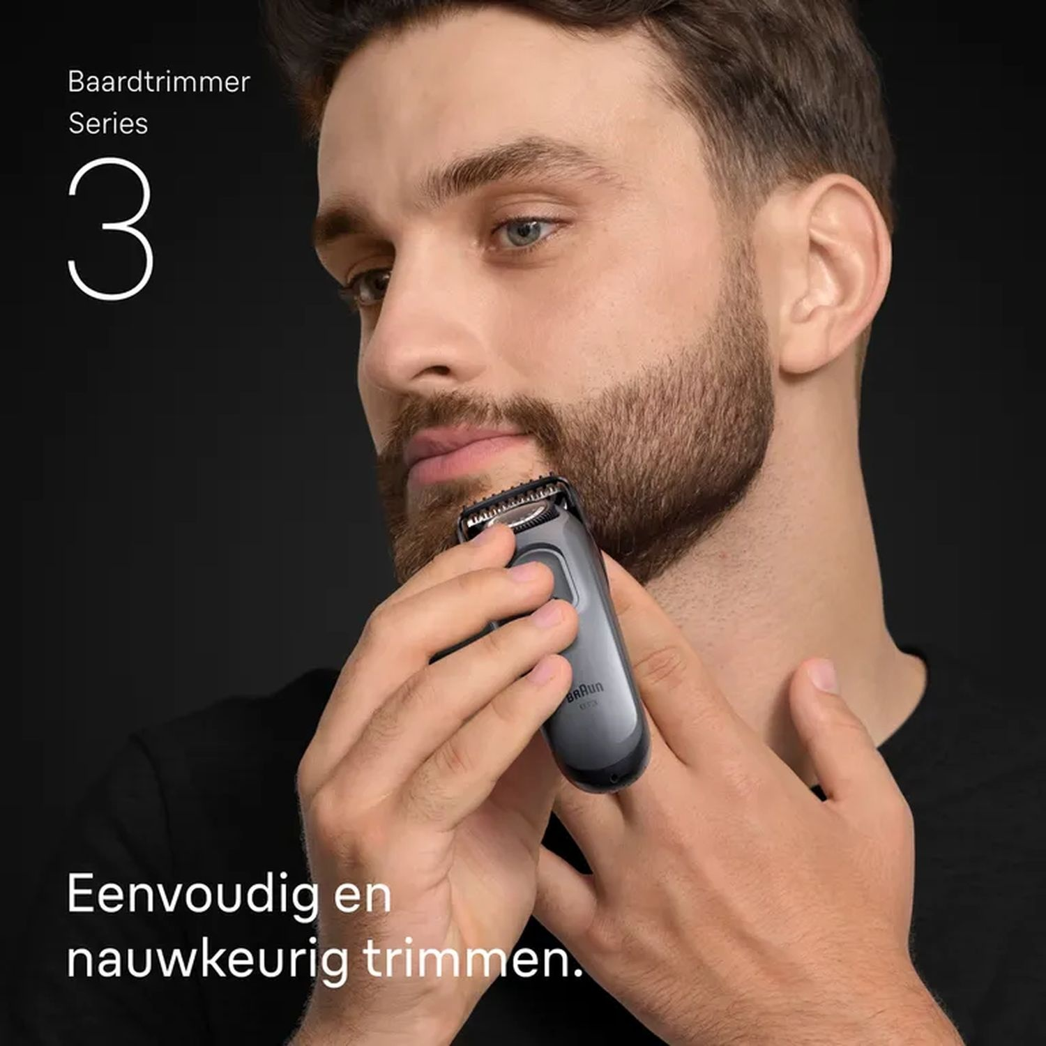 Man shaving his beard with a Braun Series 3 shaver, text: Easy and accurate trimming.
