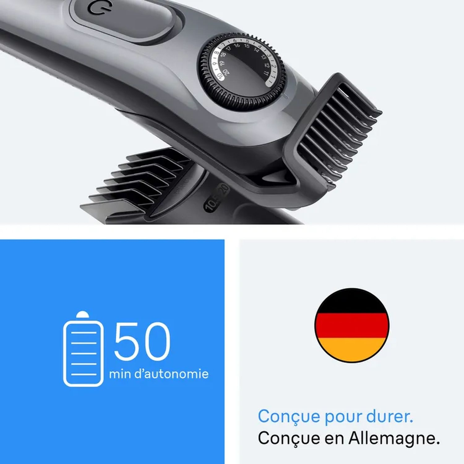 Tondeuse à cheveux avec cadran et peigne. Icône de batterie: 50 minutes d'utilisation. Drapeau allemand.