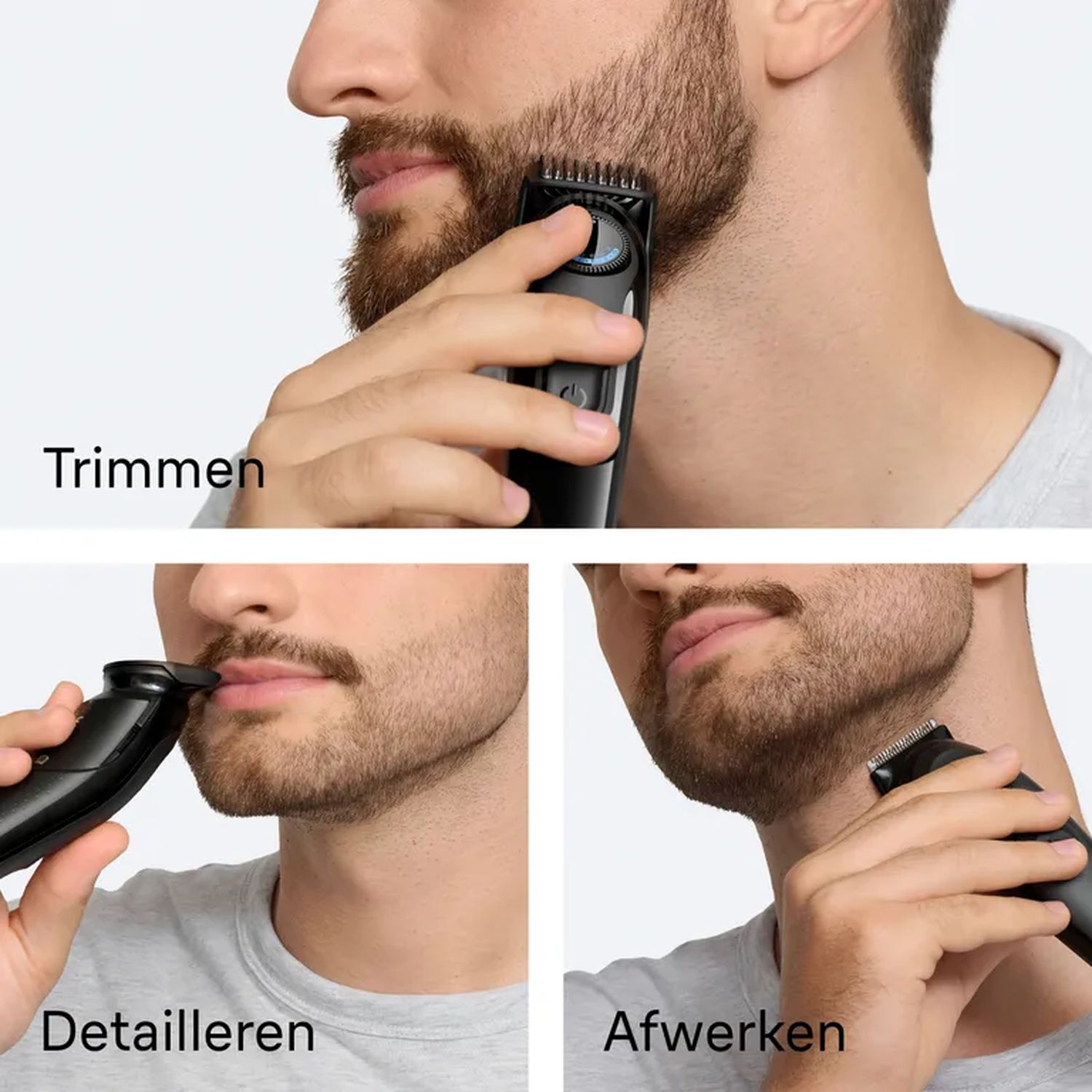 Man trimming his beard with a trimmer, close ups on different stages.
