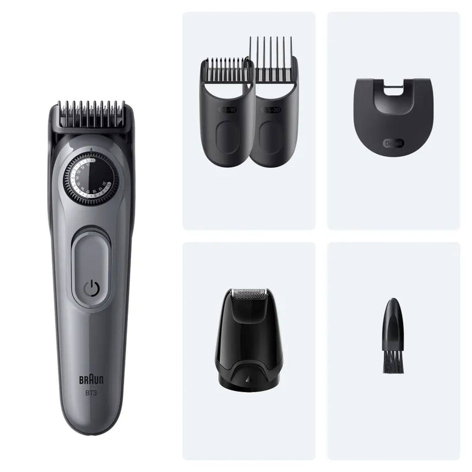 Beard trimmer and accessories. Shows a black trimmer with a dial, and various attachments.