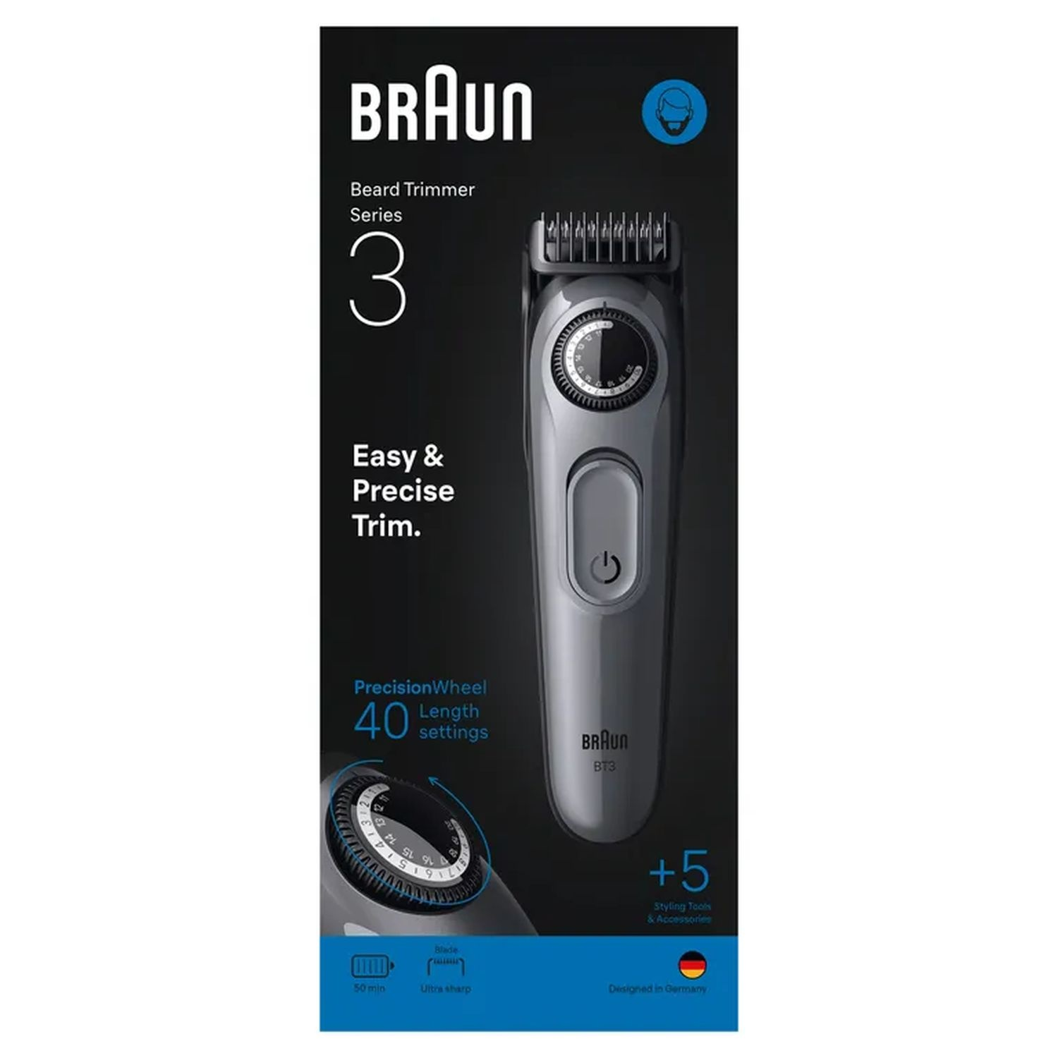 Braun beard trimmer with product details and a focus on precision and settings.
