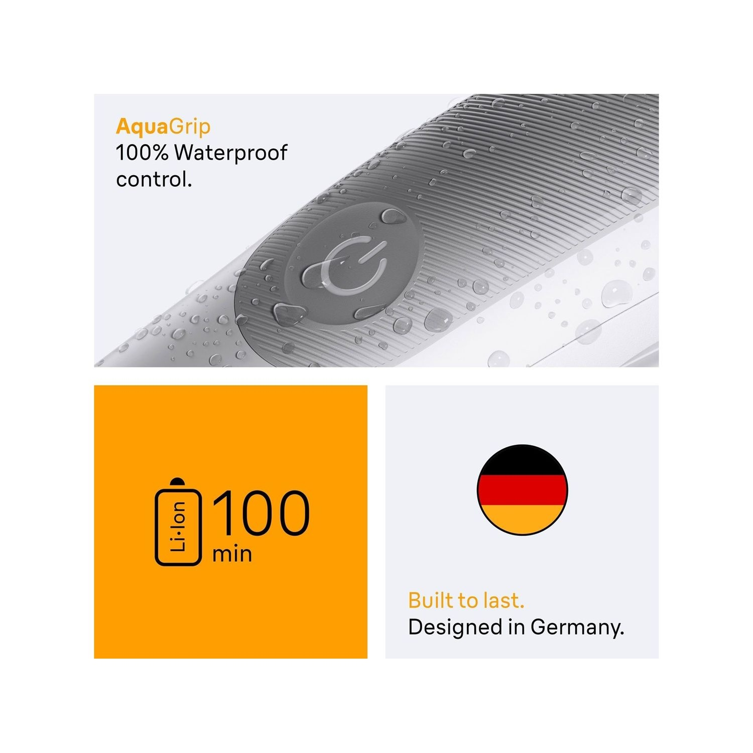 Rasoir avec gouttelettes d'eau, bouton marche/arrêt, icône de batterie, drapeau allemand. Texte : 100 min, conçu en Allemagne.