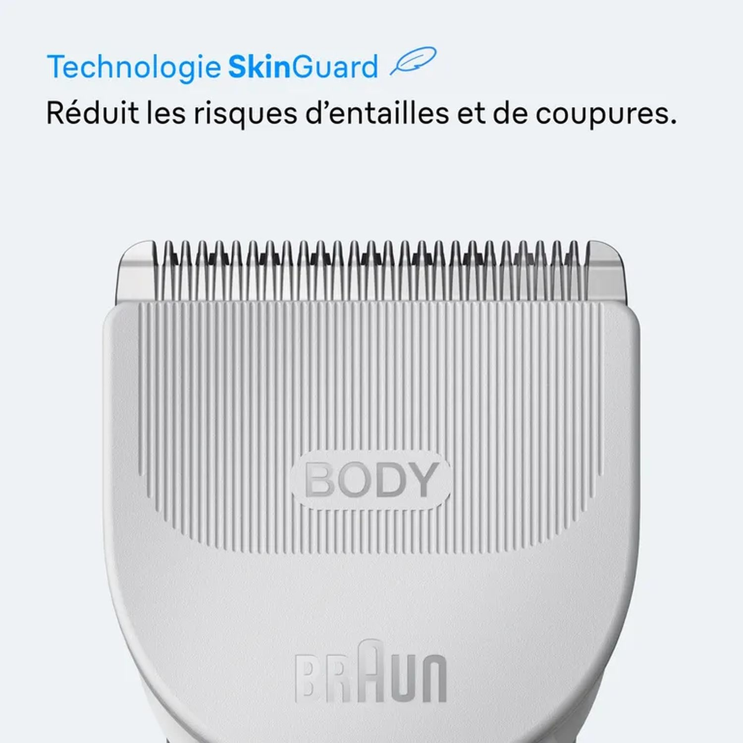 Gros plan sur une tête de rasoir blanche avec le mot 'BODY' et le logo Braun en dessous.