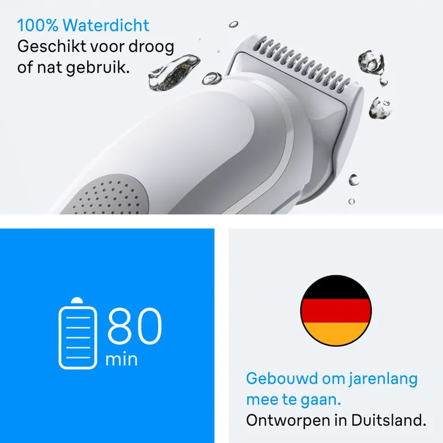 Close up of a white and grey electric trimmer with text and icons on a blue background.