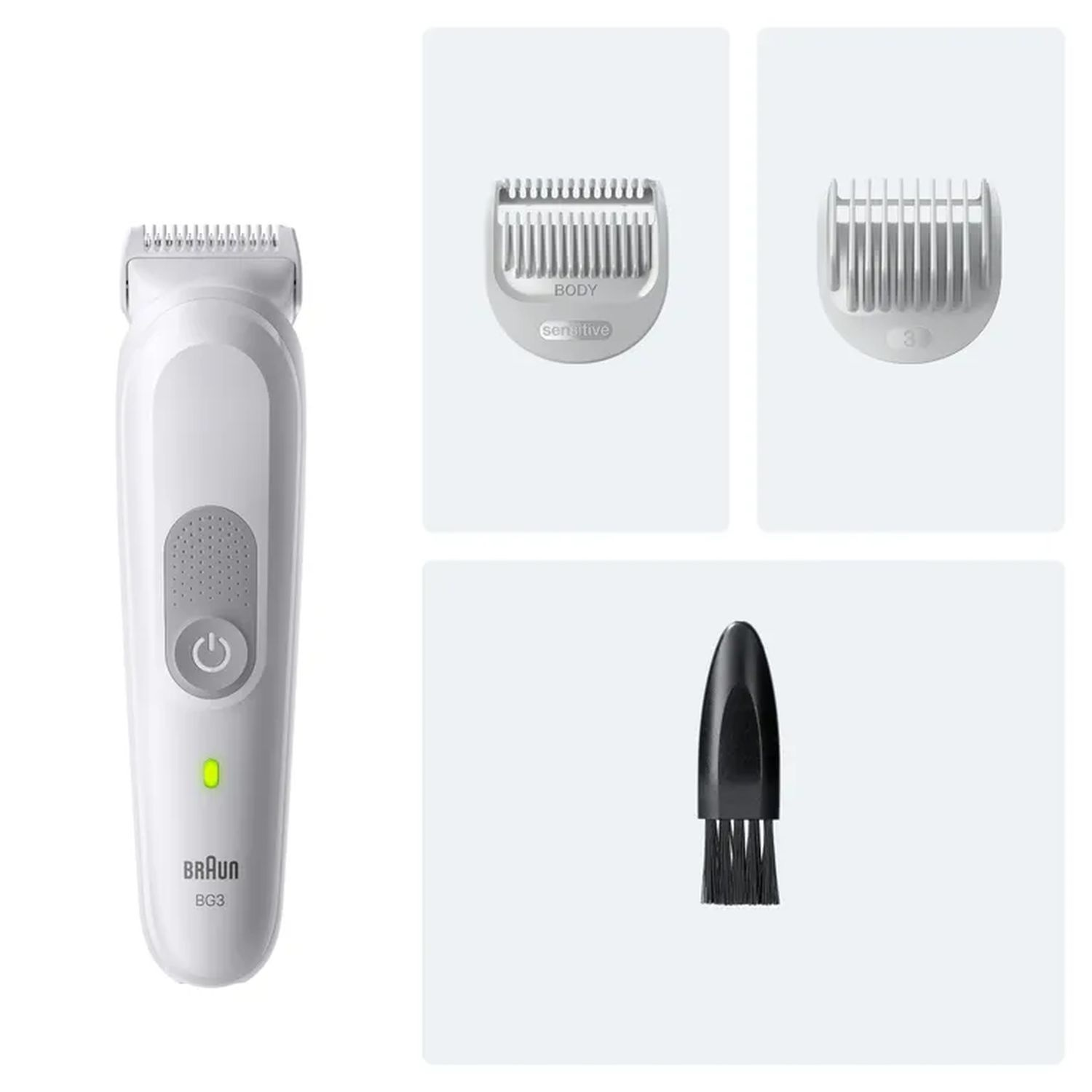 Braun BG3 body groomer. A groomer, two comb attachments, and a cleaning brush are on display.
