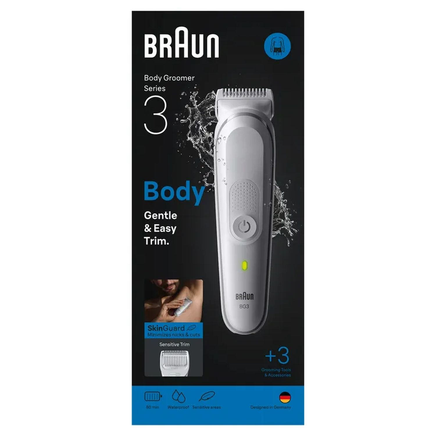 Braun body groomer packaging. White, grey, and blue colors.