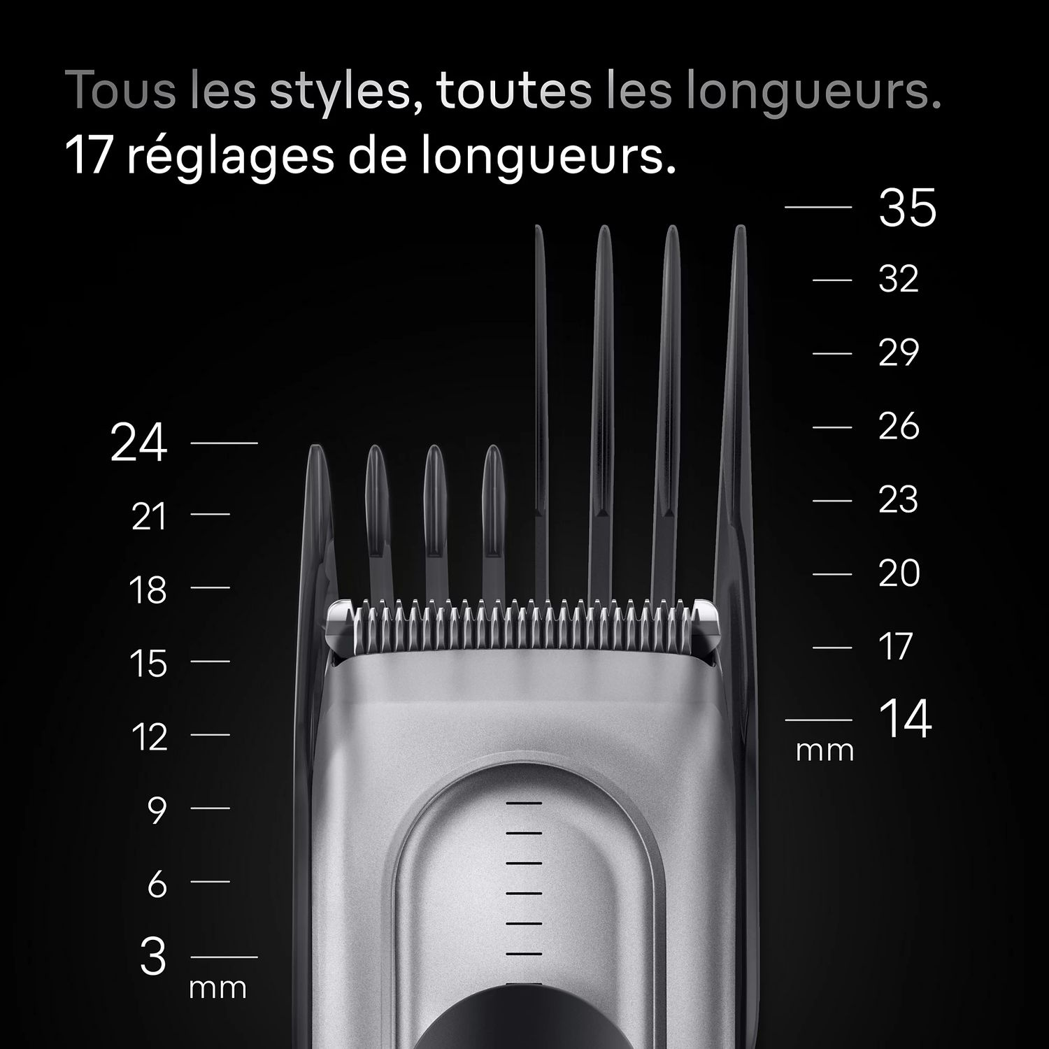 Un gros plan d'une tondeuse à barbe avec différents réglages de longueur affichés.