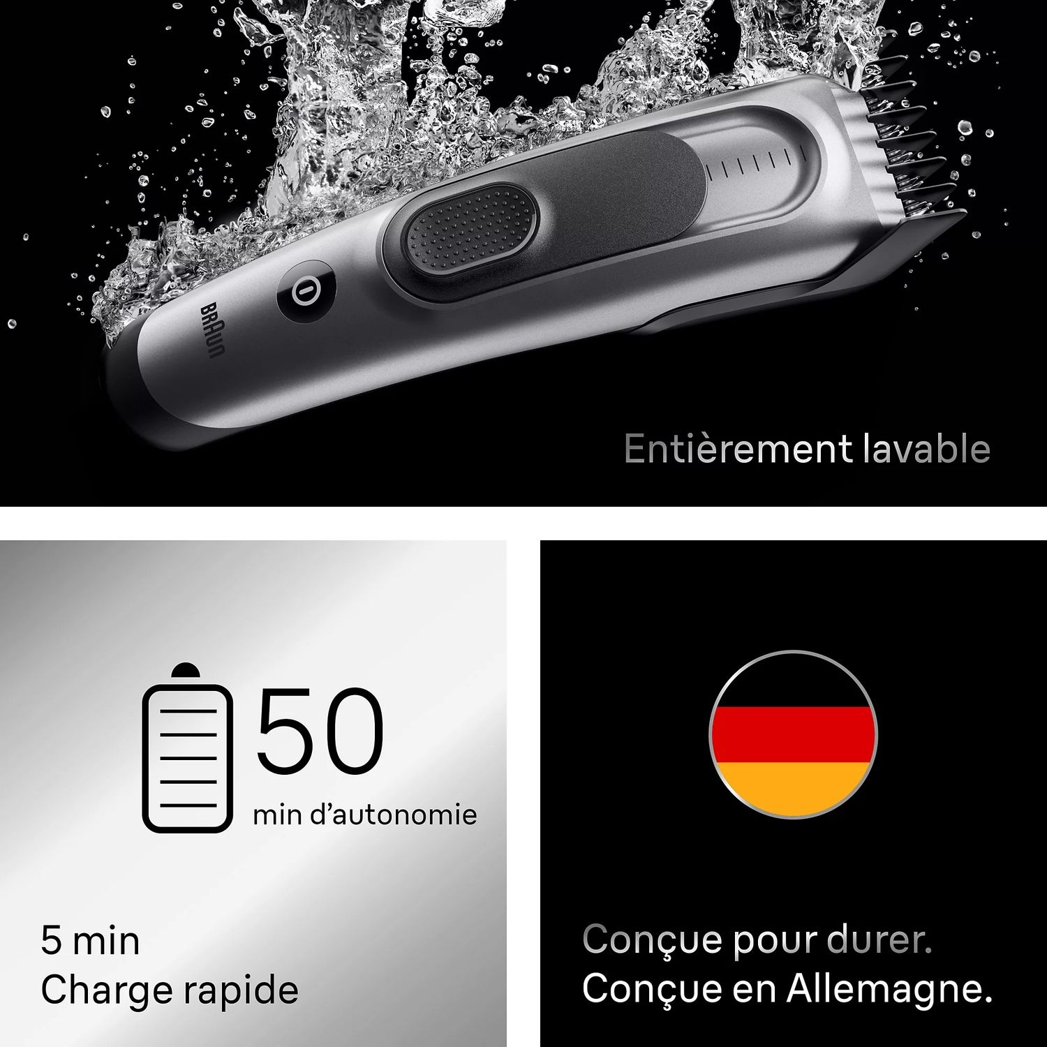 Rasoir électrique Braun argenté avec effet éclaboussures d'eau sur fond noir.