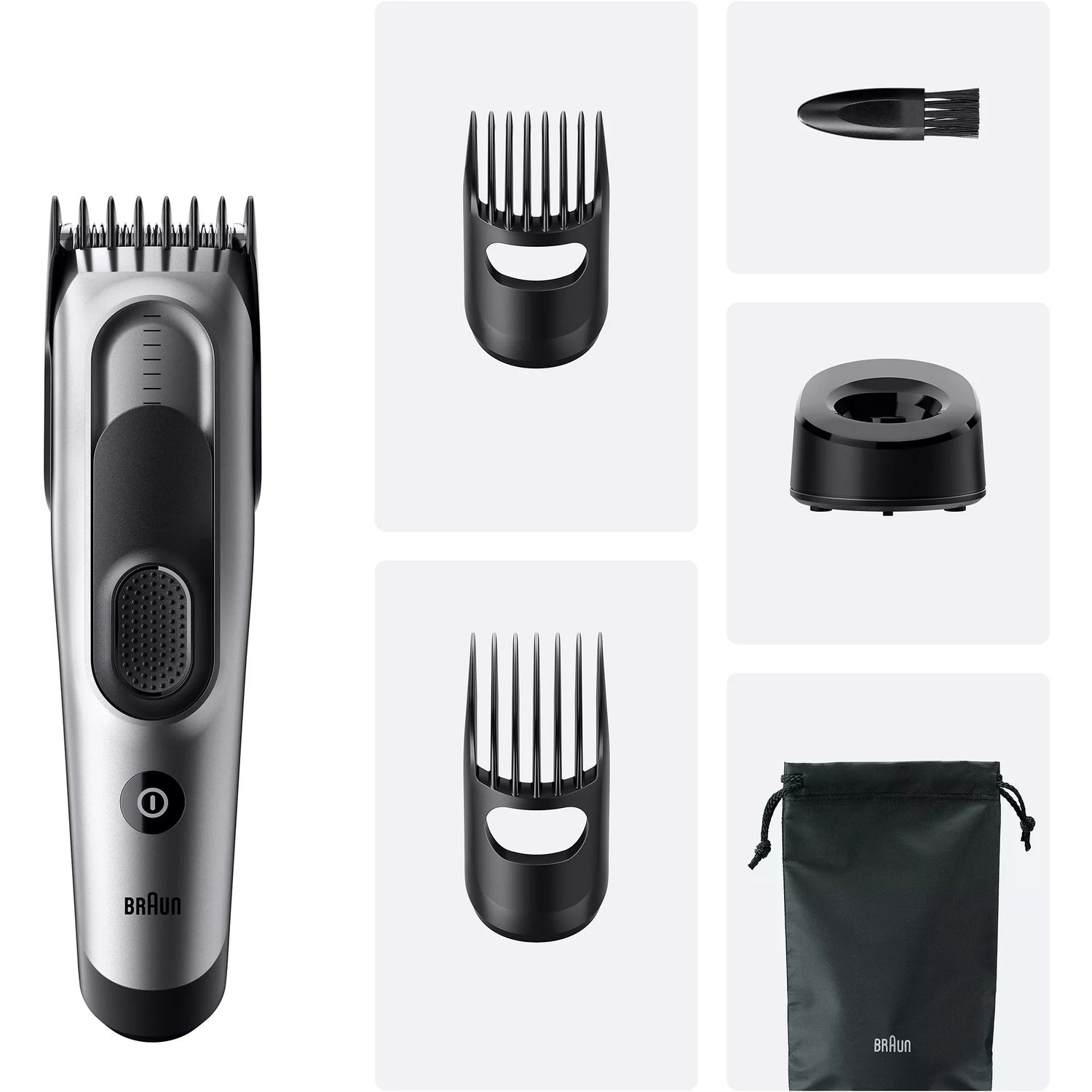 Tondeuse à cheveux Braun argent et noire avec accessoires, dont des peignes et un sac noir.