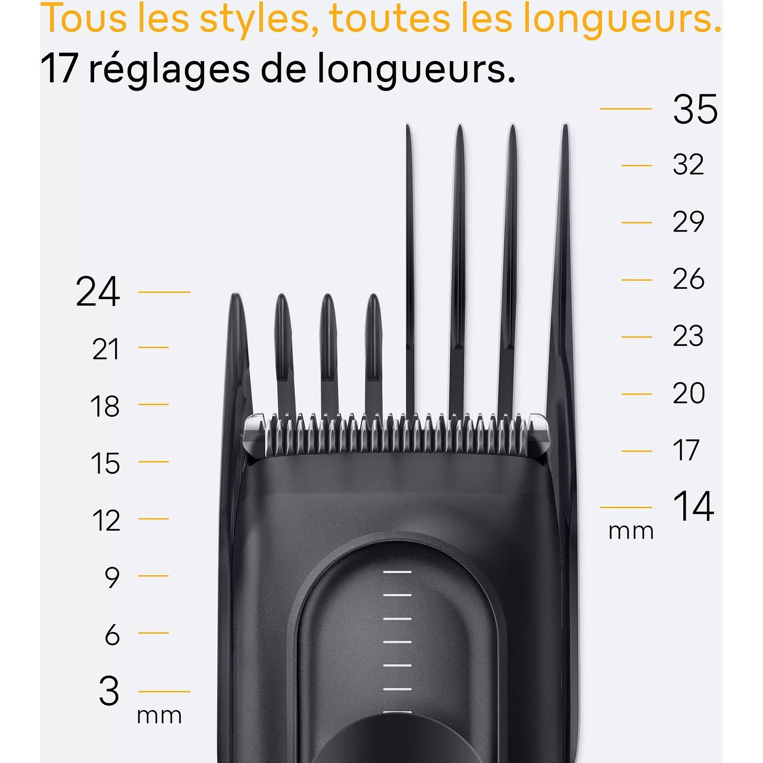 Tondeuse noire avec accessoires, chiffres en mm, et texte en français.