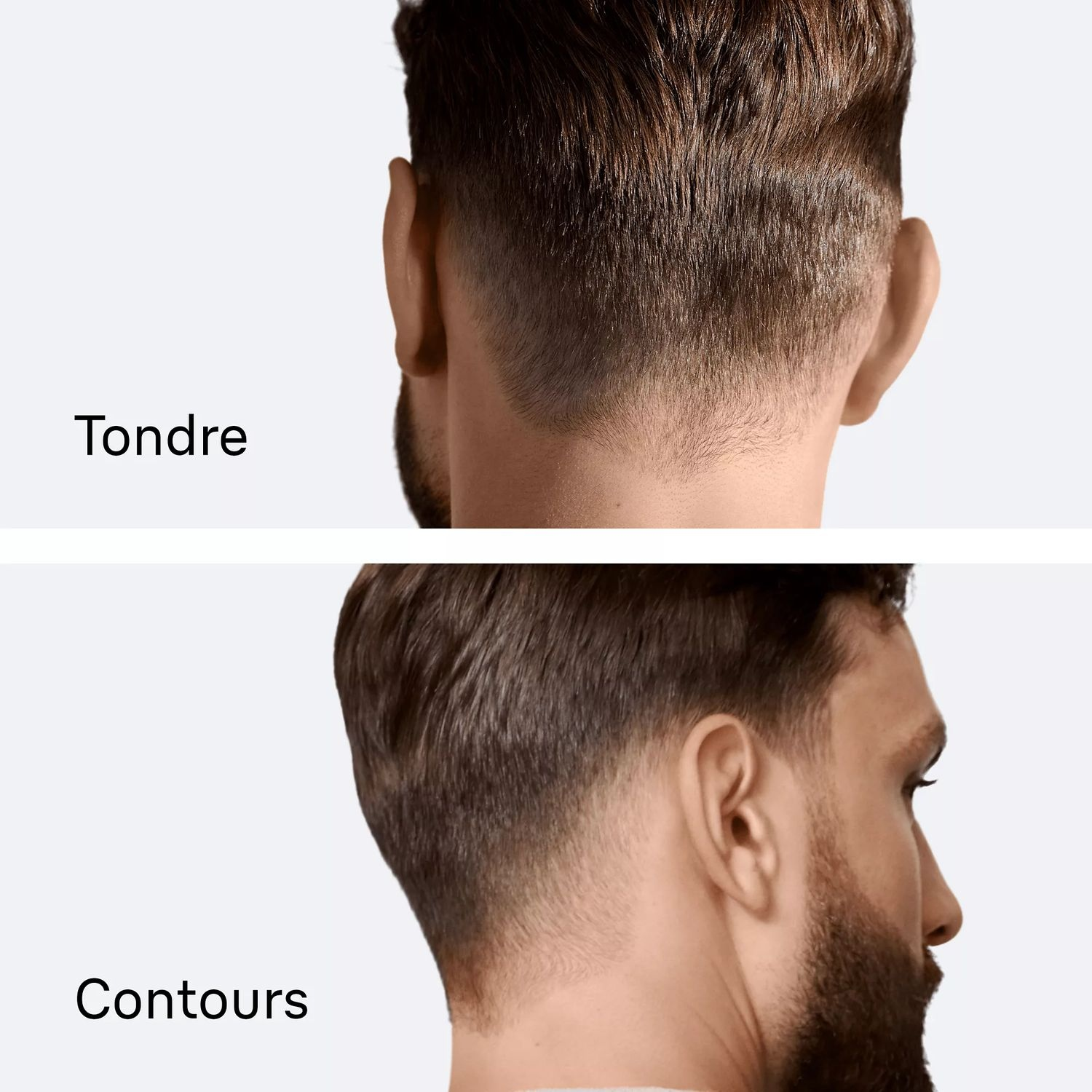 Deux images de la coupe de cheveux d'un homme. L'une montre le dos, l'autre une vue de côté, étiquetées 'Tondre' et 'Contours'.