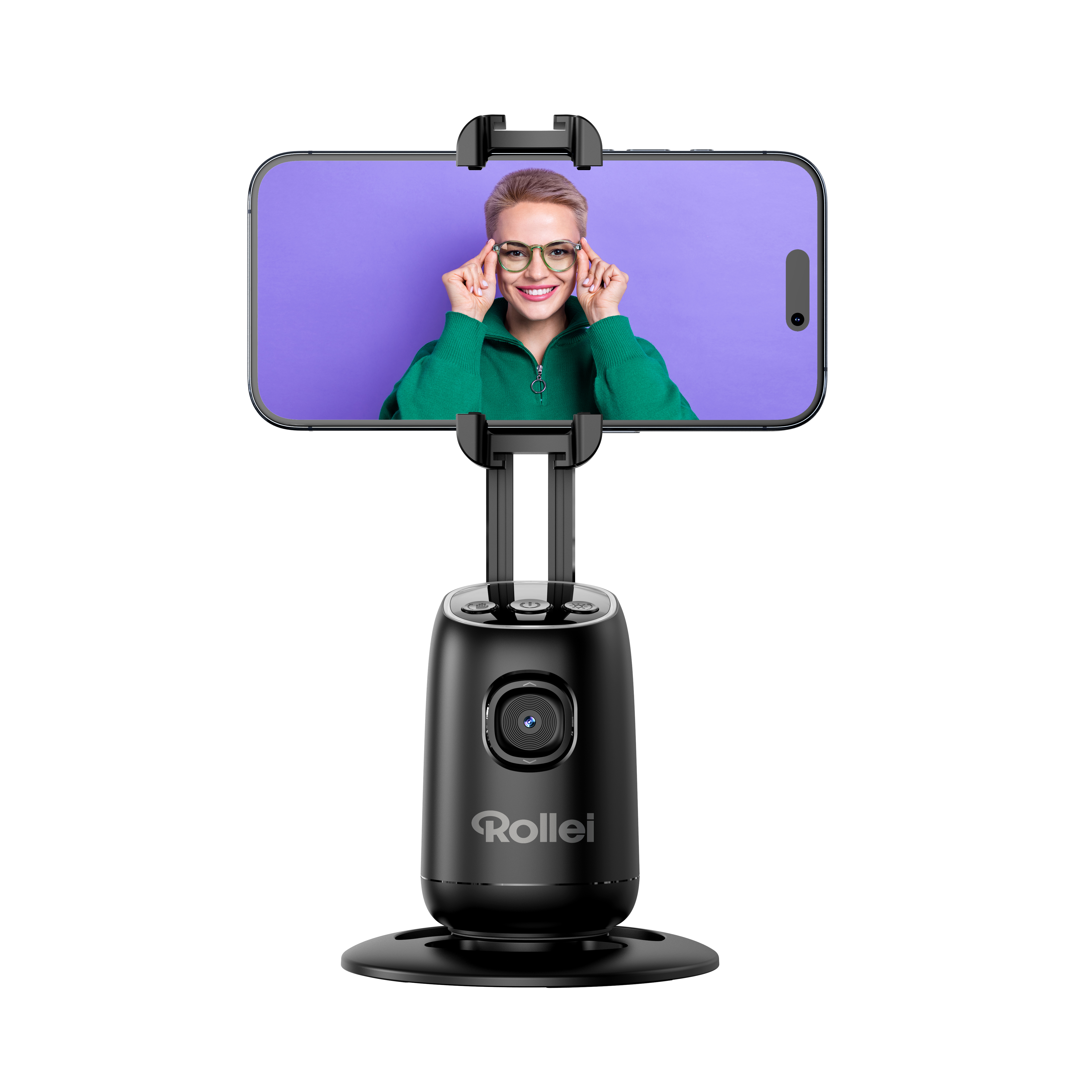 Schwarzes Telefon auf einem Ständer mit einer lächelnden Frau im Telefonbildschirm, die eine Brille trägt.