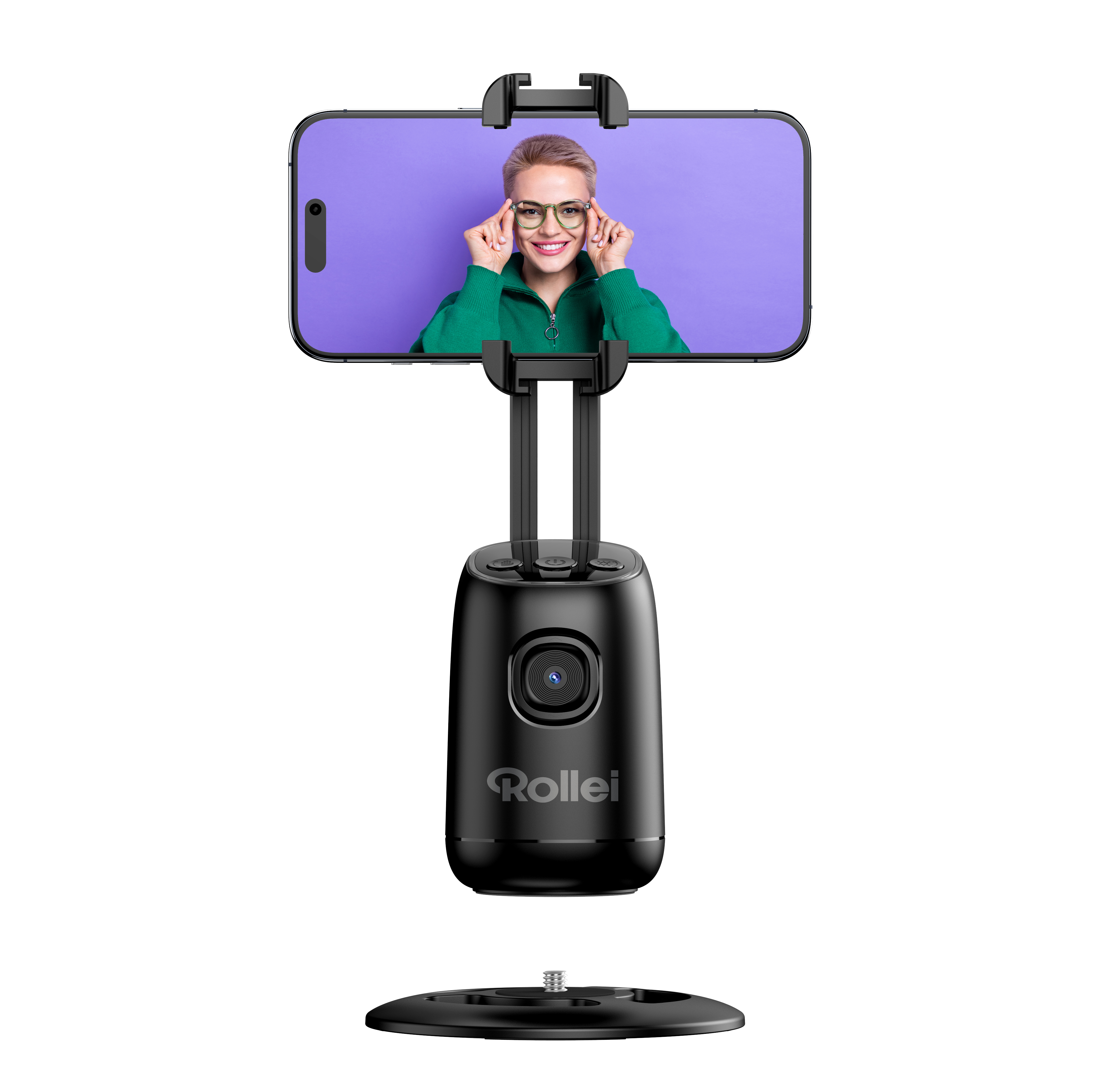 Schwarzer Selfie-Stick mit befestigtem Telefon, eine Frau ist auf dem Telefonbildschirm zu sehen.