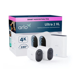 Weißes Arlo-Sicherheitskamerasystem in einer Box, einschließlich Kameras, Smart Hub und Zubehör.