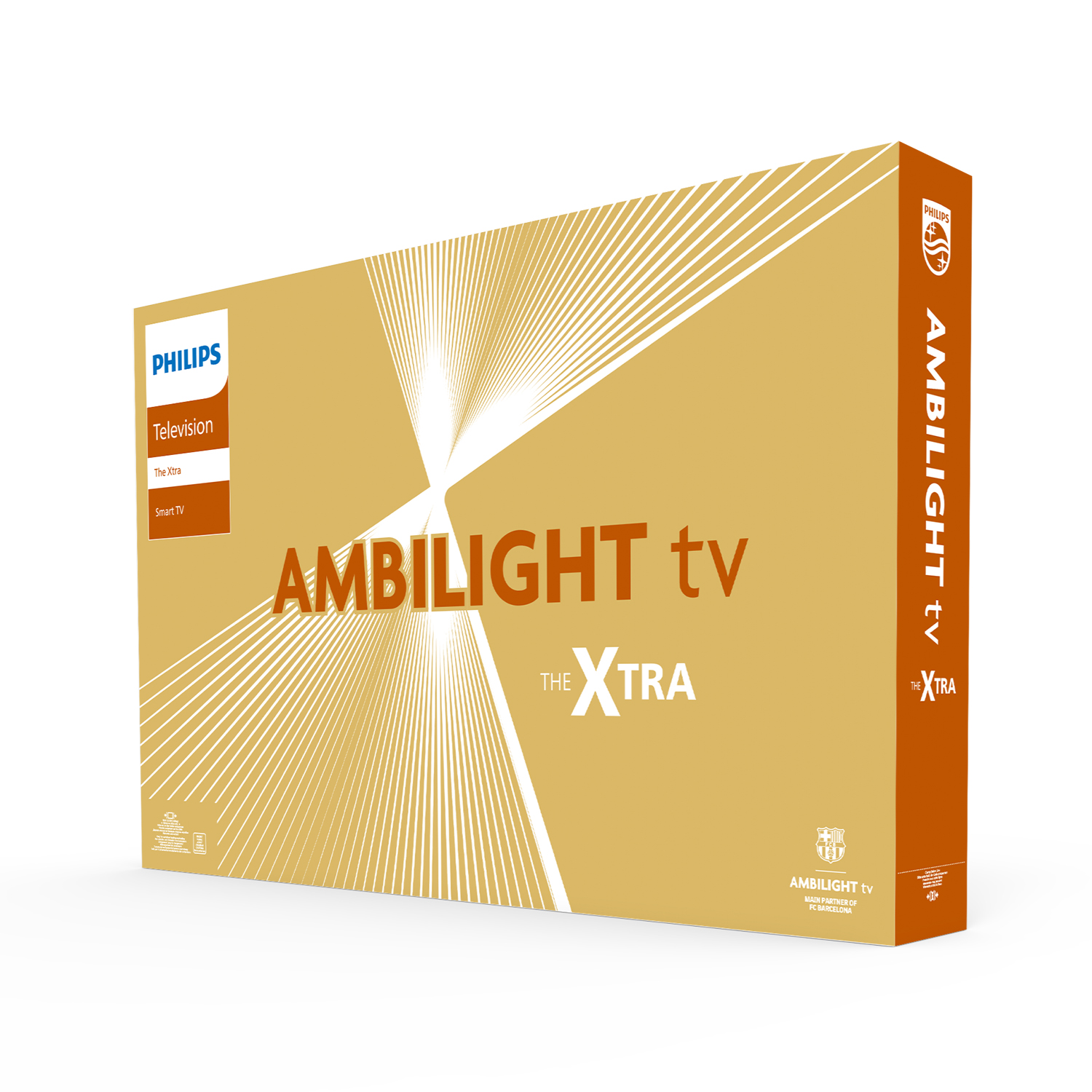 Una caja dorada con el logotipo y el texto de Philips Ambilight TV.