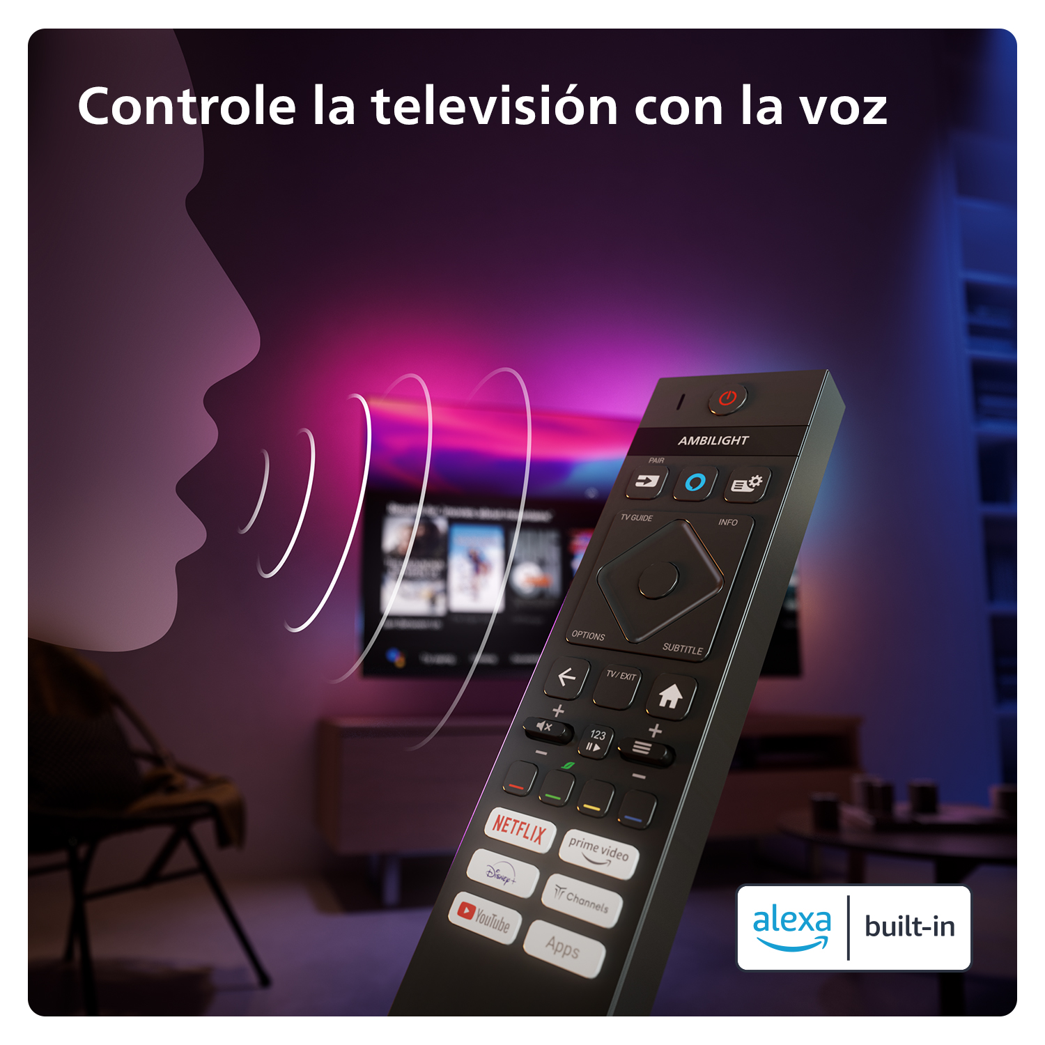 Un mando negro con muchos botones frente a un televisor. Se muestra el control por voz. Se muestra el logotipo de Alexa.