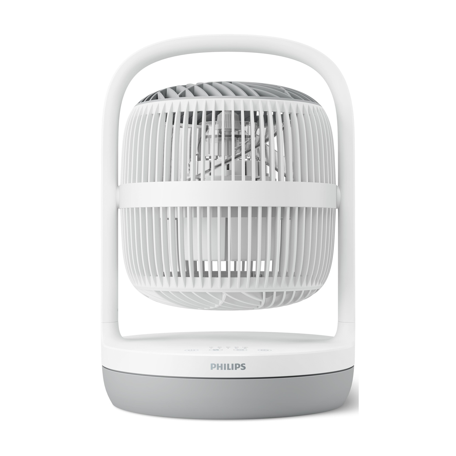 Ventilatore bianco con un design a gabbia circolare. Base grigia e maniglia bianca. Il marchio Philips è scritto.