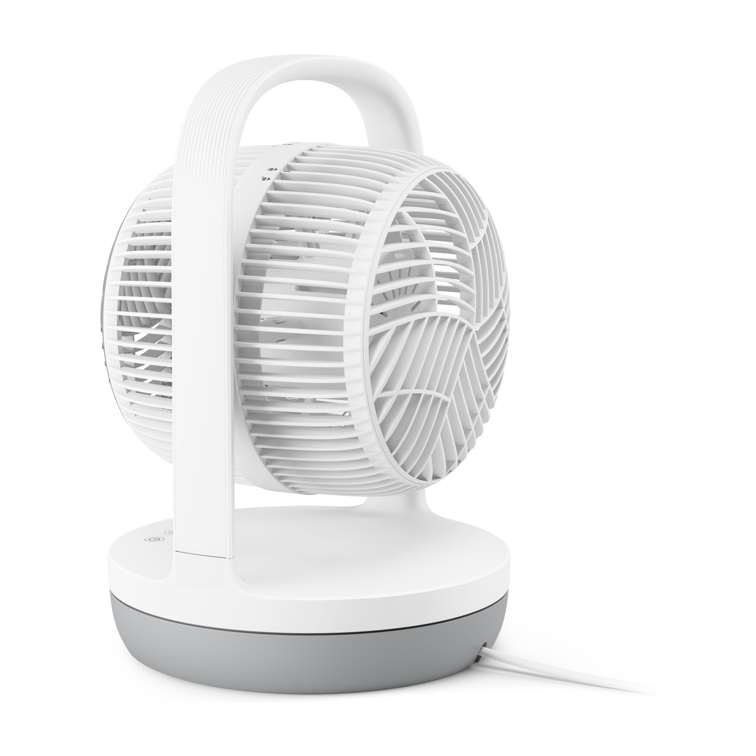 Ventilatore bianco e grigio con maniglia, corpo arrotondato e base bianca.