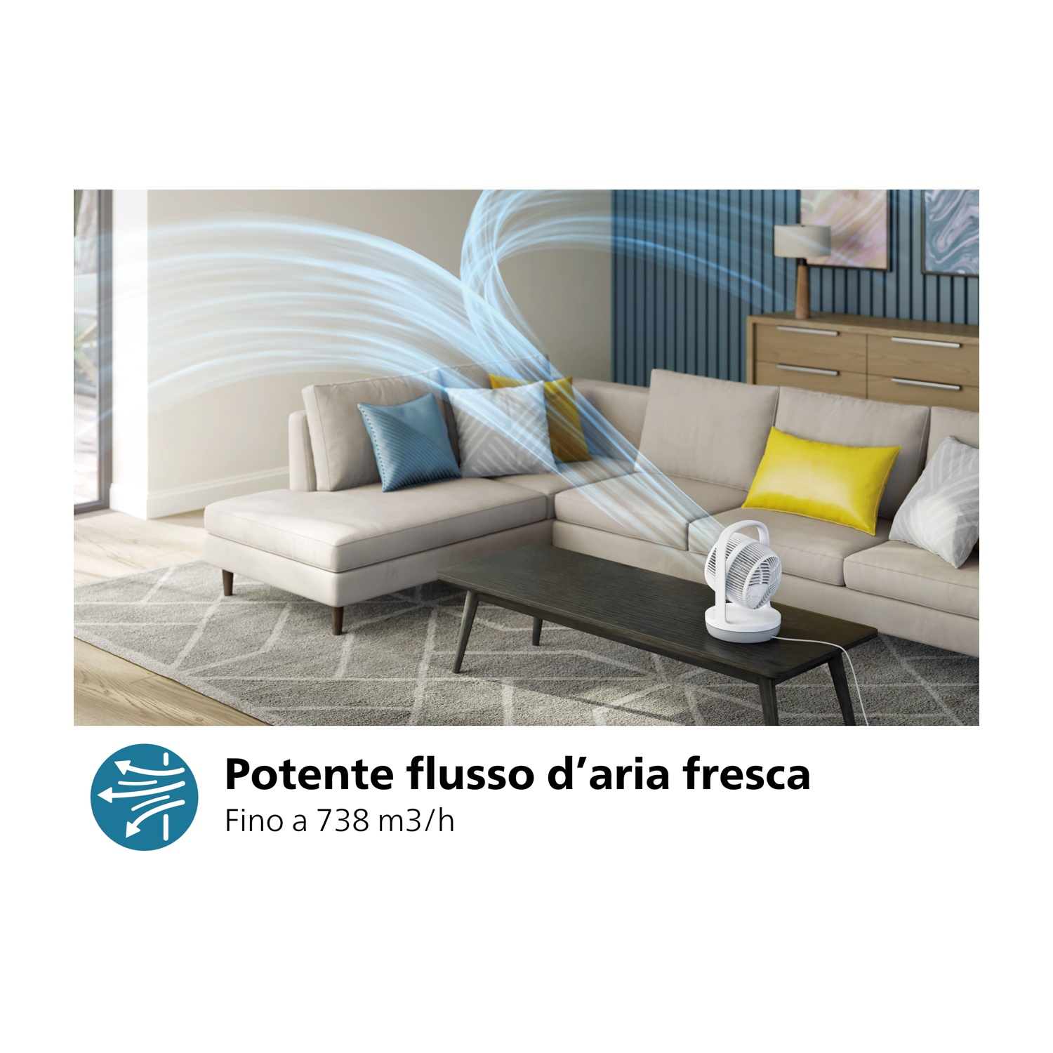 Ventilatore bianco su un tavolo, con linee blu di flusso d'aria.