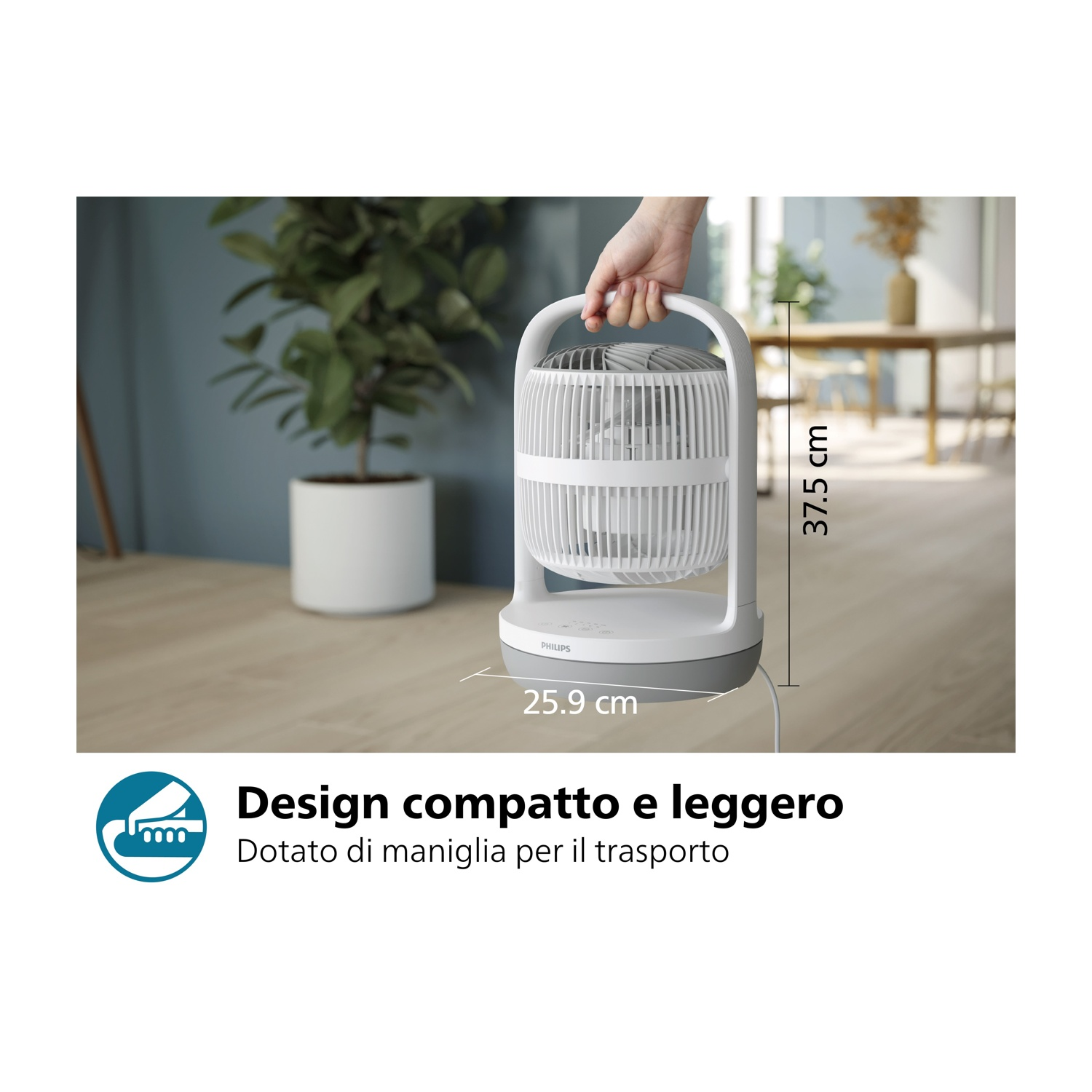 Un ventilatore Philips bianco e grigio con maniglia e testo che descrive il suo design compatto.