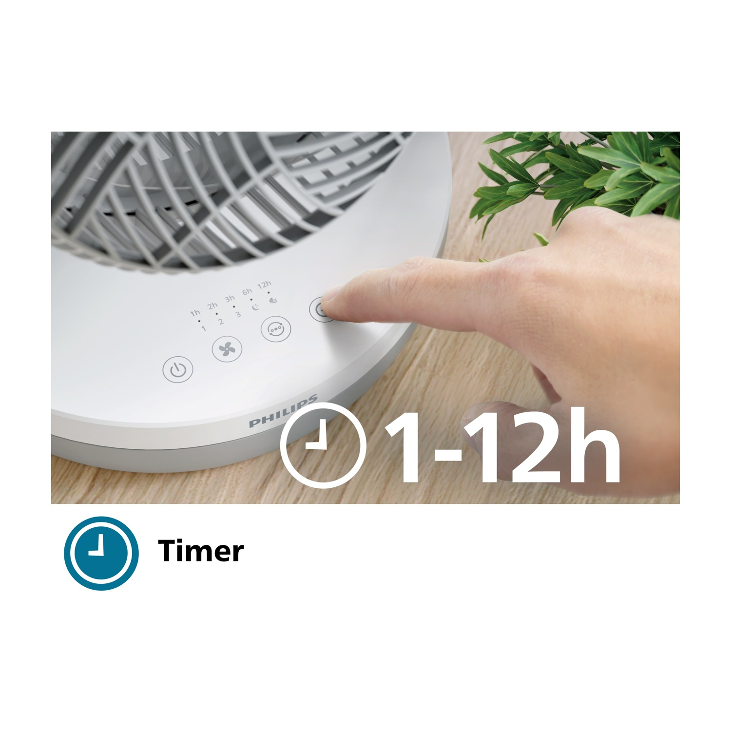 Una mano preme un pulsante su un ventilatore bianco, con opzioni timer. Una pianta verde è sullo sfondo.