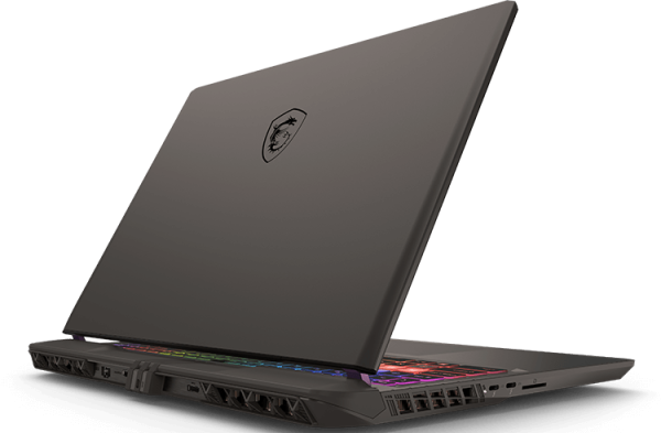 Fekete laptop, felfelé döntve, színes fényekkel és logóval ellátott billentyűzetet mutatva.