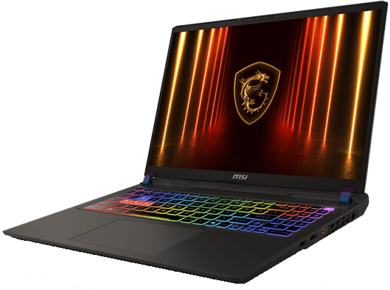 Laptop világító képernyővel, amely egy sárkány logót és színes billentyűzetet jelenít meg.
