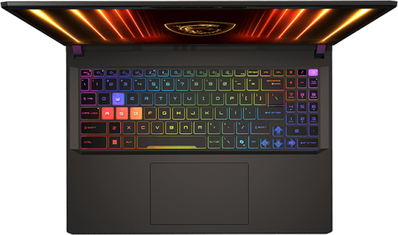 MSI laptop billentyűzet szivárványszínekkel megvilágítva, nyitva, fekete háttérrel.