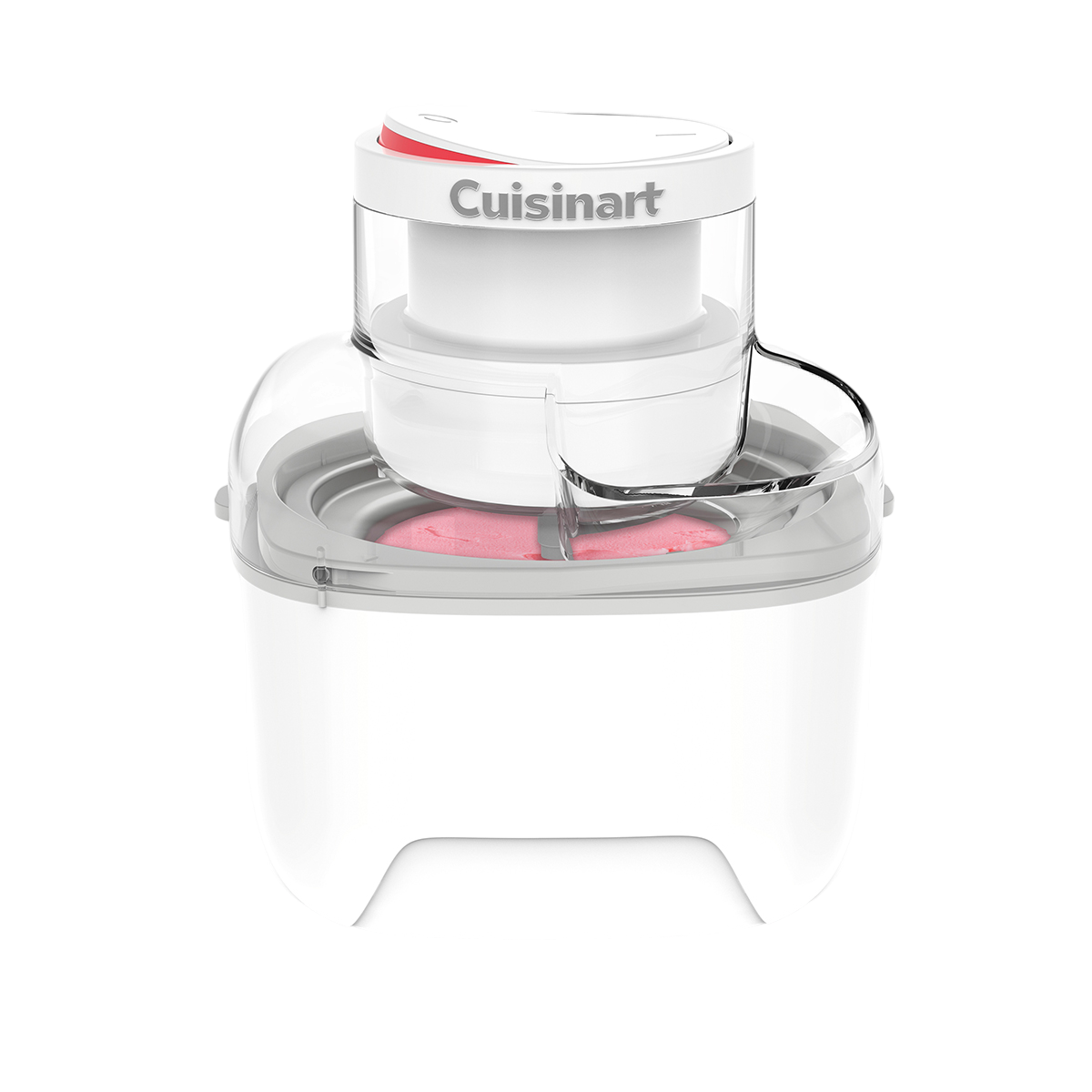 Weißer Cuisinart-Eismaschine mit transparentem Deckel, rosa Eiscreme innen, schwarzer Hintergrund.