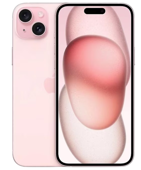 Çift kamera kurulumuna sahip pembe bir iPhone gösteriliyor, ekranında bulanık, soyut bir tasarım var.