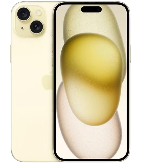 İki arka kameraya sahip sarı iPhone. Soyut bir arka plan ile ekranı göstermek için döndürülmüş.
