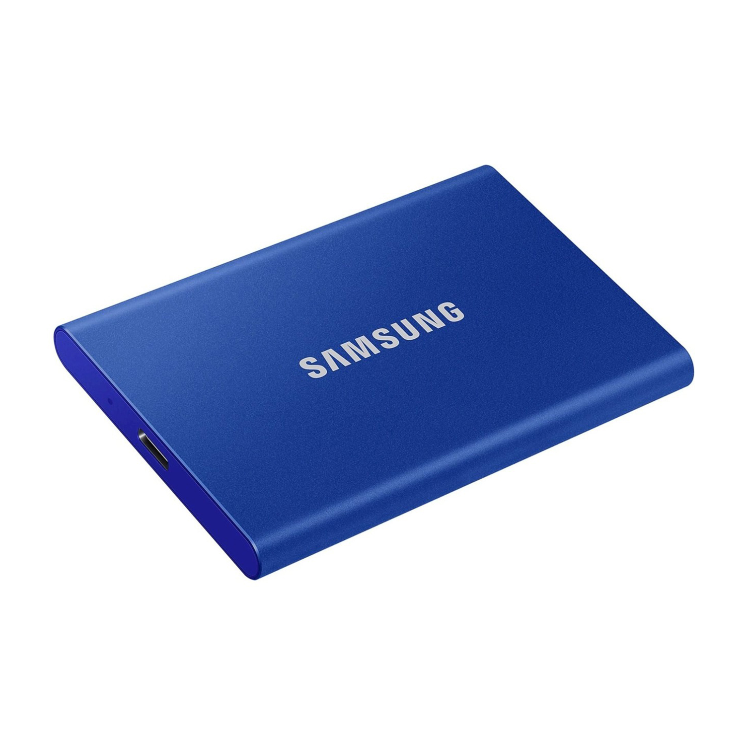 Un disco rigido esterno Samsung blu.