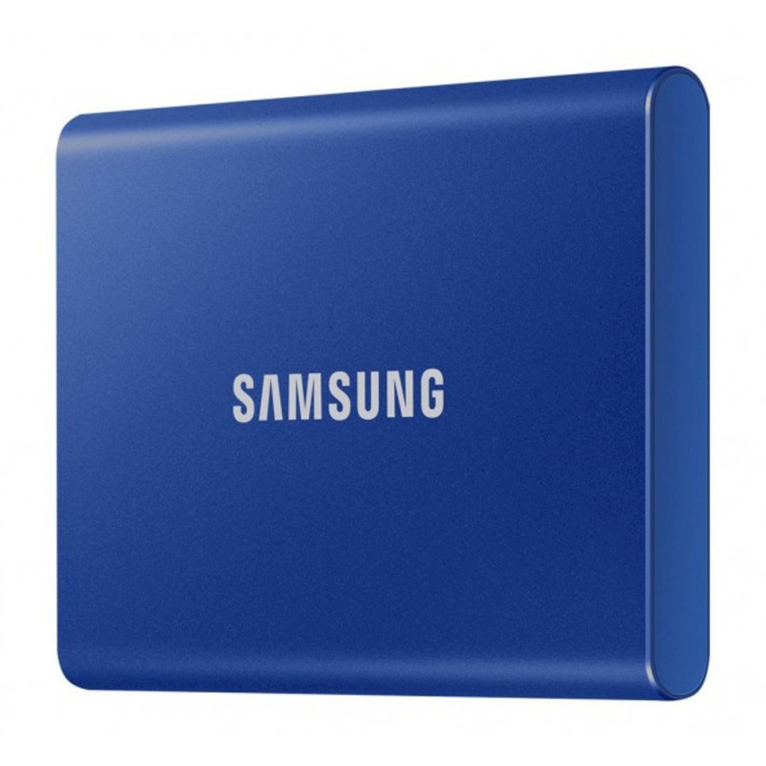 SSD portatile Samsung blu con il nome del marchio stampato.