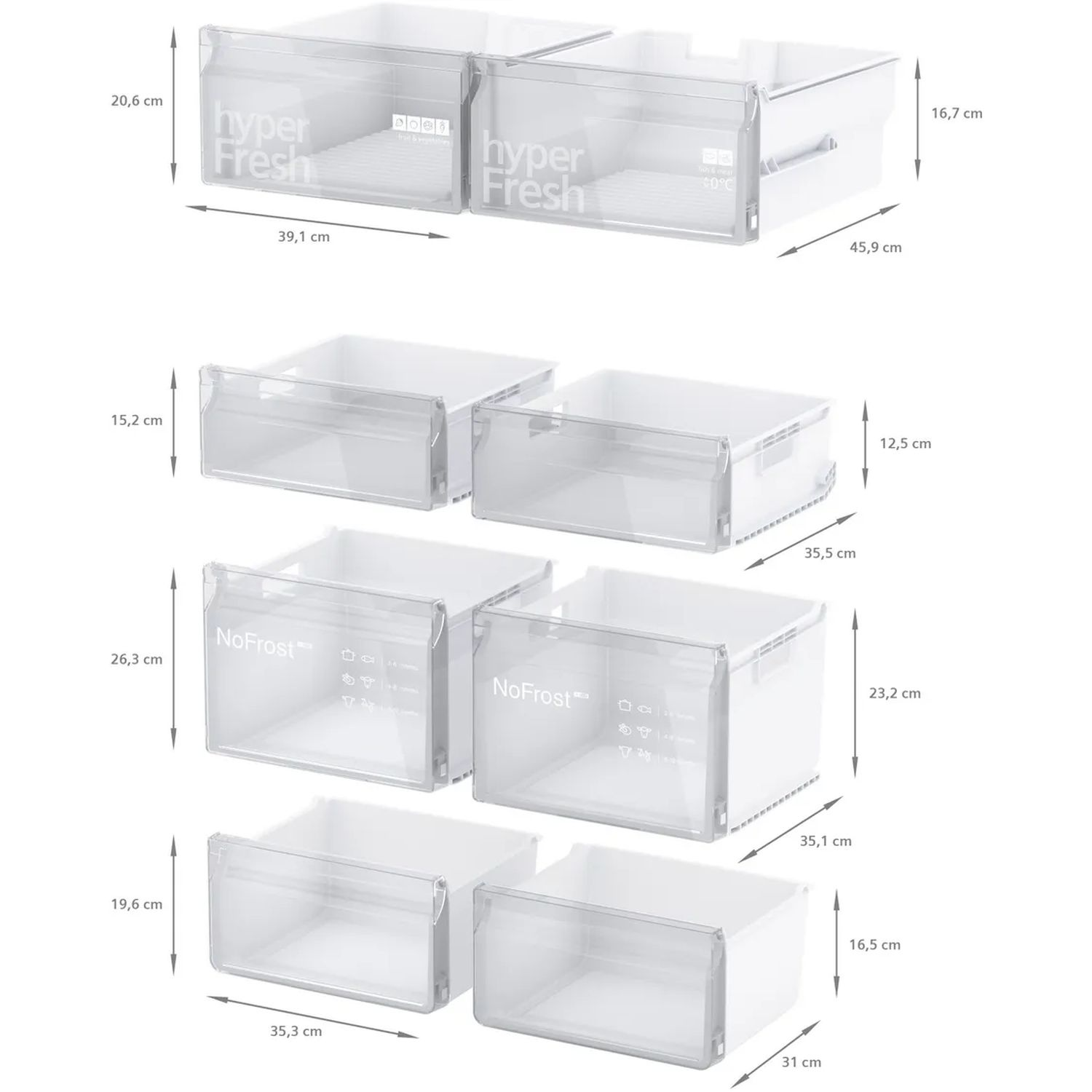 Verschillende koelkastladen en compartimenten. Afmetingen worden weergegeven in cm. Wit plastic.