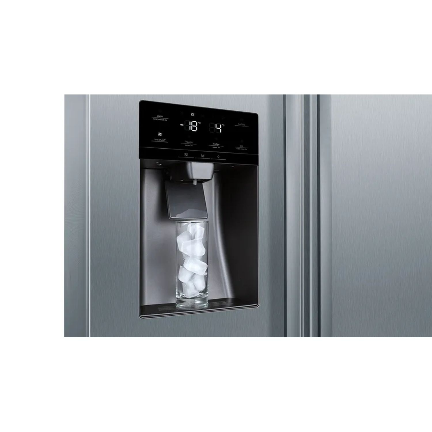 Roestvrijstalen koelkast, ijs- en waterdispenser, digitaal display. Glas met ijs erin.
