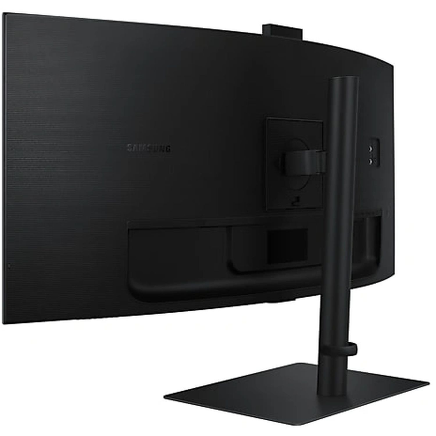 Vue arrière d'un moniteur noir avec un pied. Fond noir.
