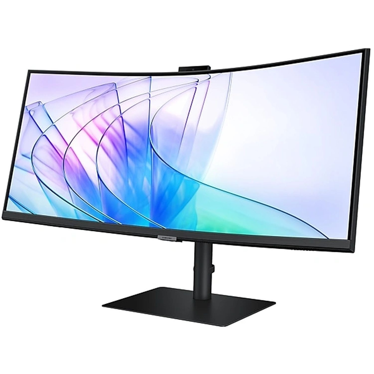 Moniteur incurvé avec un écran blanc et violet.