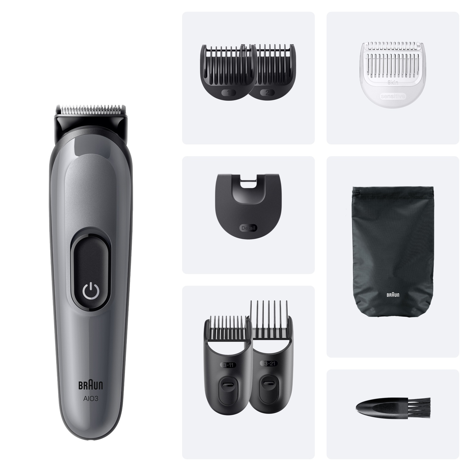 A dark gray Braun beard trimmer with various attachments.