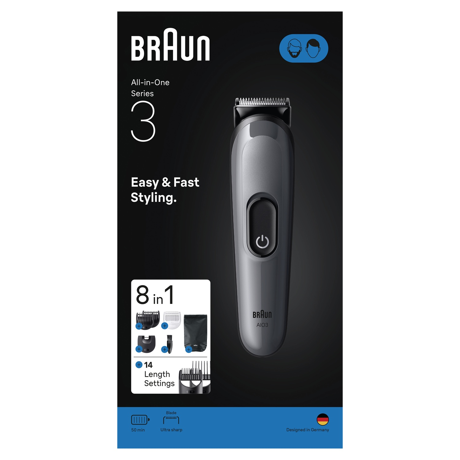 Braun All-in-One Series 3 trimmer on dark background with accessories displayed.