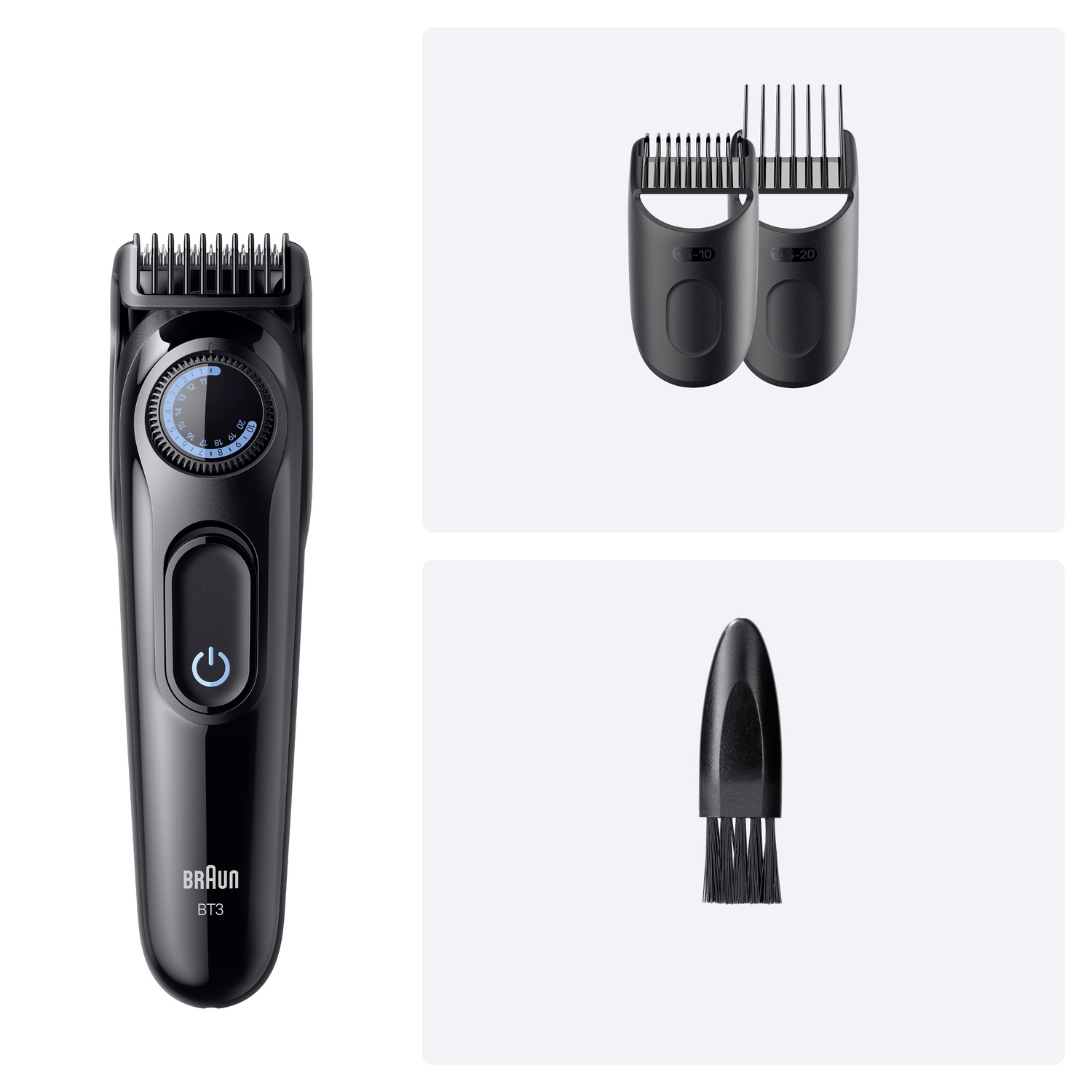 Black Braun BT3 beard trimmer with accessories including combs and a cleaning brush.
