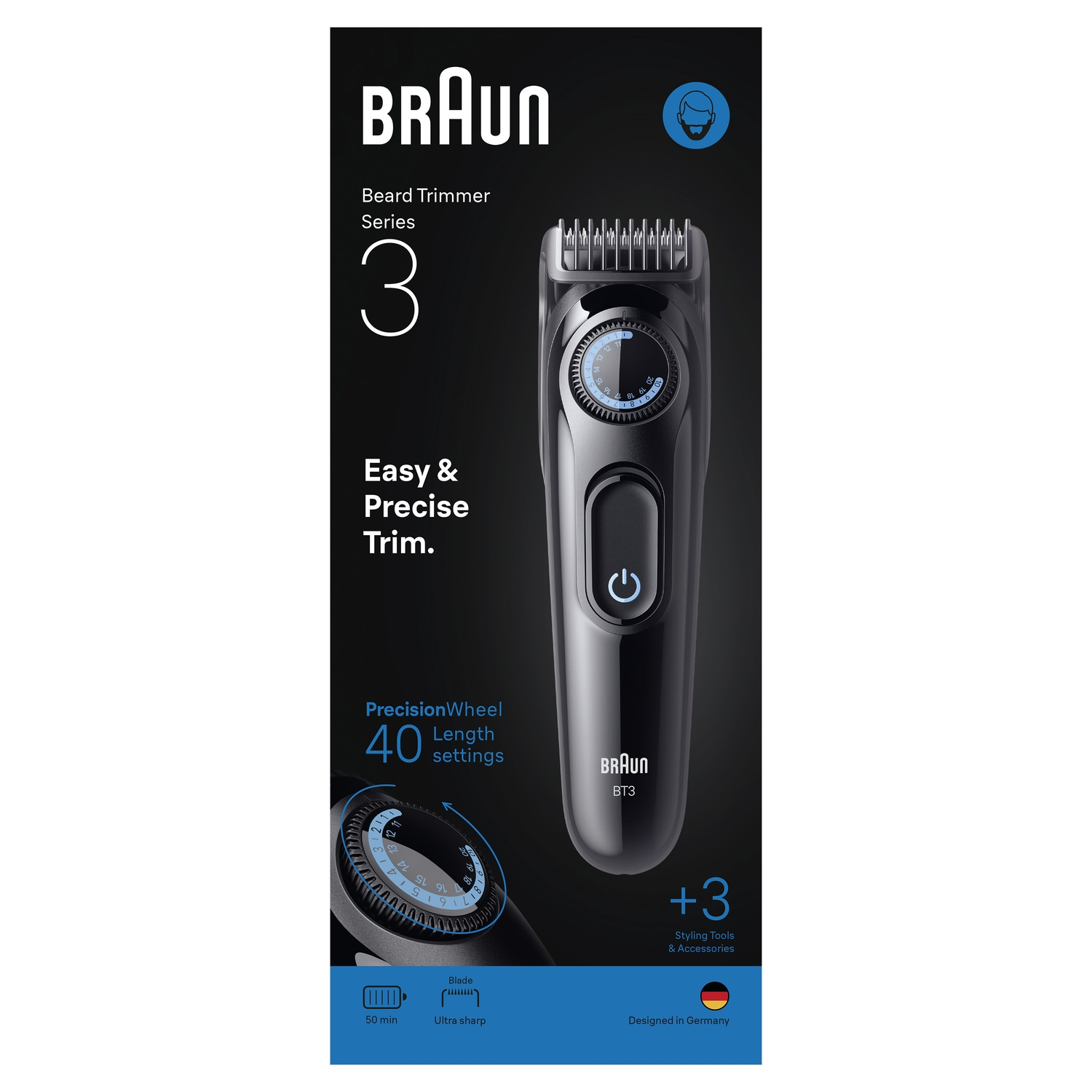 A Braun beard trimmer in black with 40 length settings and a precision wheel.
