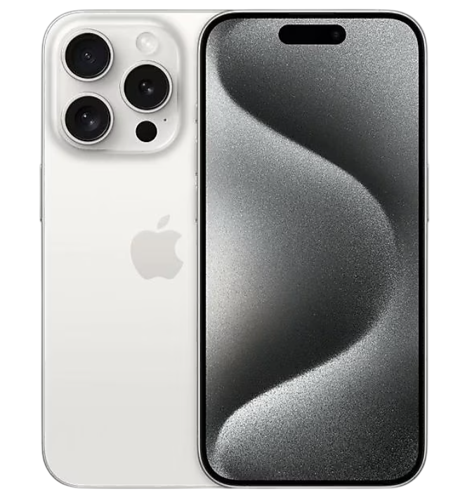 Beyaz iPhone, arkada çoklu kamera, siyah ekran ve Apple logosu. Siyah arka plan.